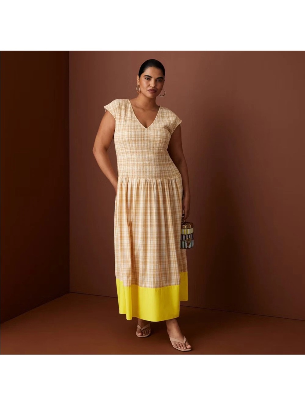Short Sleeve Smocked Gingham Drop Waist Maxi Dress - Rosie Assoulin
